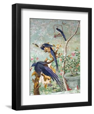 A Pair of Magpie Jays Cut from 'The Birds of America' and Pasted onto Hand-Painted Chinese Wallpape - Black Framed Art Print Wall Art, 9x12