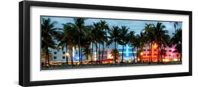 Buildings Lit Up at Dusk - Ocean Drive - Miami Beach - Black Framed Art Print Wall Art, 24x8
