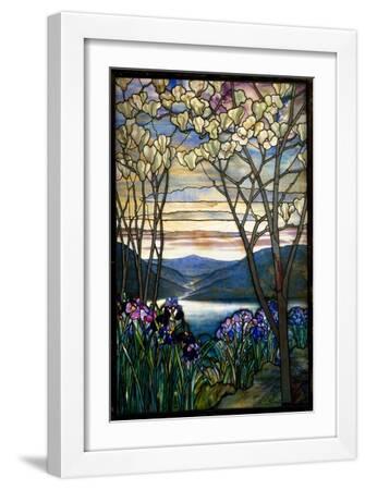 Magnolias and Irises, C.1908 (Leaded Favrile Glass) - White Framed Art Print Wall Art, 12x18